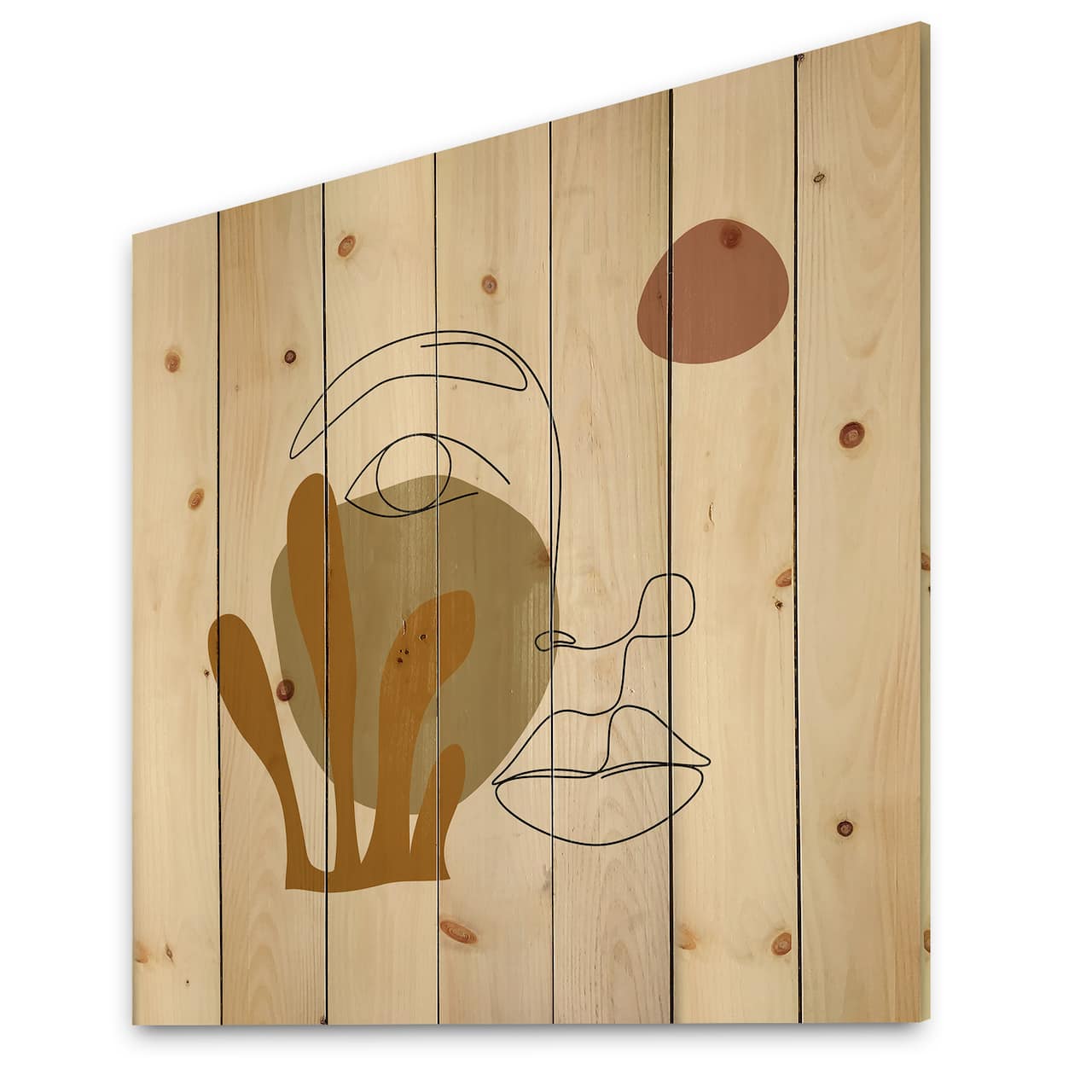 Designart - One Line Art Portrait of Woman In Terracotta Tones - Modern Print on Natural Pine Wood